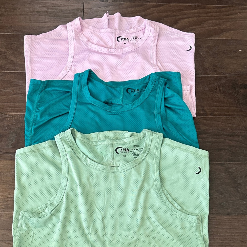 ZYIA Active Sleeveless Tops Trio - Pink, Teal, Mint
